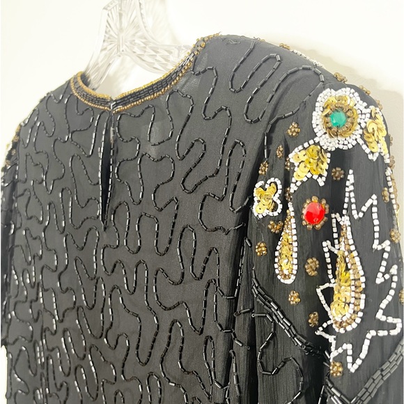 Vintage Jeweled Sequin Beaded Short Sleeve Silk Top Size Large - Picture 12 of 13